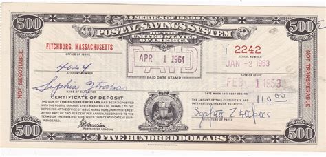 500 Series Of 1939 Postal Savings System Certificate Paid Fitchburg Ma