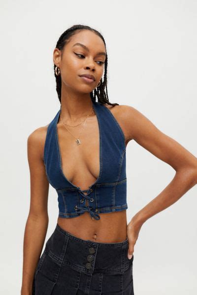 Uo Denim Lace Up Halter Top Urban Outfitters