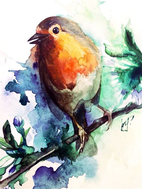 Птичка на ветке Акварель Watercolor Bird Drawings Art