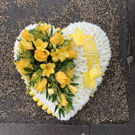 Yellow And White Heart Shaped Funeral Flowers Tribute Wreath With