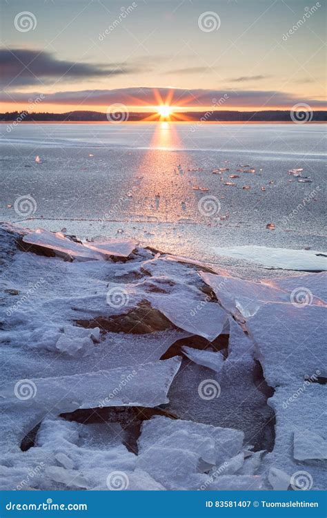 Sunrise And Cracked Ice At A Frozen Lake Stock Image Image Of Morning