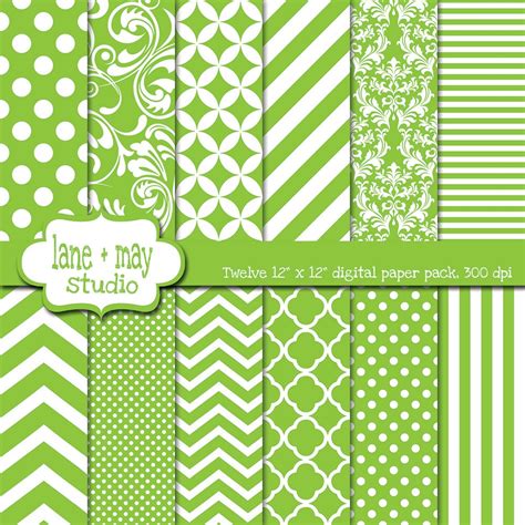 Digital Scrapbook Papers Lime Green And White Patterns Etsy