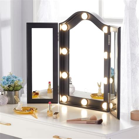 Luxfurni Vanity Lighted Tri Fold Makeup Mirror With 10