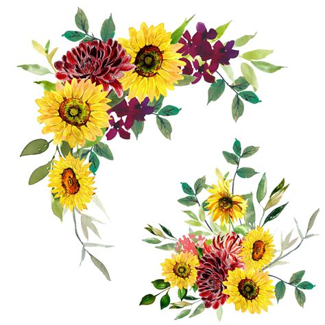 Watercolor Sunflower Clipart Yellow Arrangements Corners | Etsy