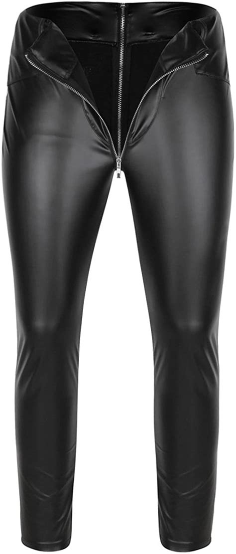 Chictry Men S Faux Leather Wetlook Tight Pants Pvc Long Trousers With Zipper Crotch Amazon Co