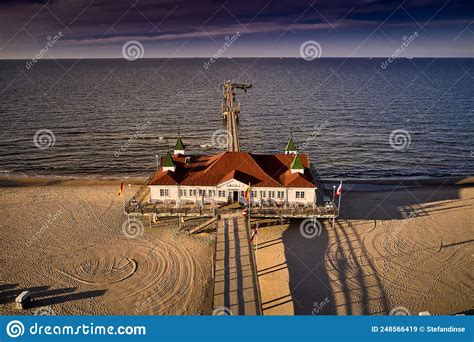 Drone View Of Famous Old Pier Of Ahlbeck On Island Of Usedom In The Baltic Sea Stock Image