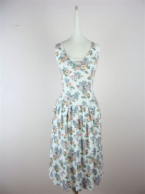 Vintage Floral Dress 80s Crossback 1980s Fit And Flare Cotton Etsy
