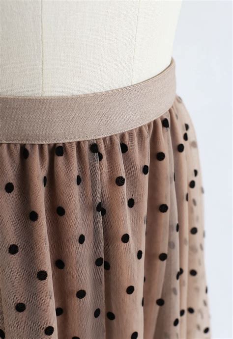Full Polka Dots Double Layered Mesh Tulle Skirt In Caramel Retro