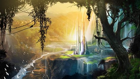 Art Fantasy World Pezazh Tower Open View Valley River Trees Birds