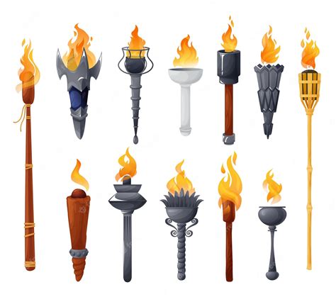 Premium Vector Medieval Torches With Burning Fire Set Ancient Metal