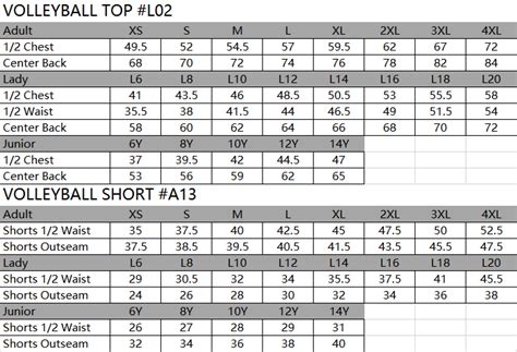 Size Chart Sportswear Bucksports