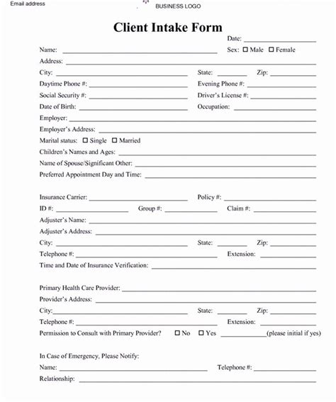 Printable Client Intake Form Template