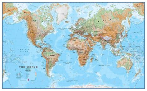 Large World Wall Map Physical Laminated