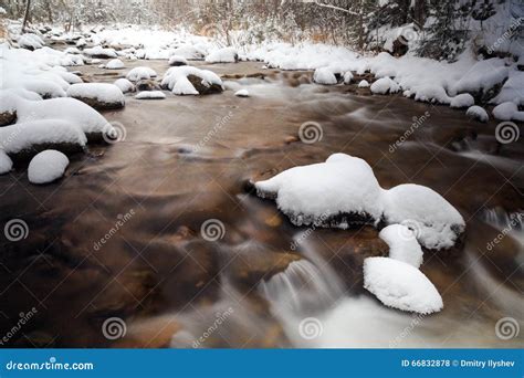 River With Snowy Stones In Forest Russian Nature Stock Photo Image
