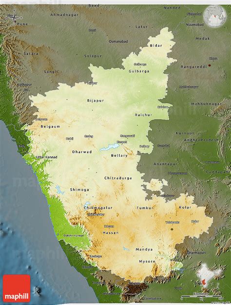 Karnataka is a state in southern india that stretches from belgaum in the north to mangalore in the south. Physical 3D Map of Karnataka, darken