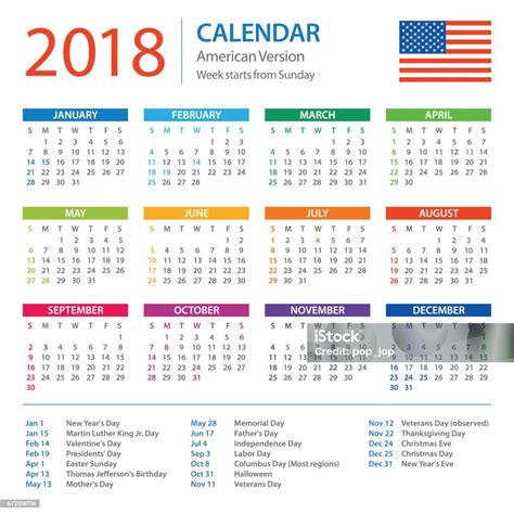 Calendar 2018 American Version With Holidays Stock Vector Art And More