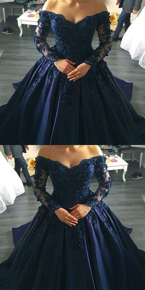 Navy Blue Lace Appliques Long Sleeves Ball Gowns Wedding Dresses Off