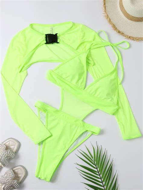 Pack Neon Lime Contrast Mesh One Piece Swimsuit Shein