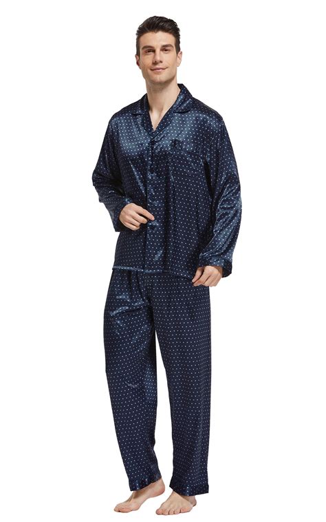Mens Silk Satin Pajama Set Long Sleeve Navy Blue With Polka Dots