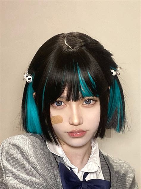 Black Blue Layer Dyed Hanging Ear Dyed Qi Bangs Daily Cute Short