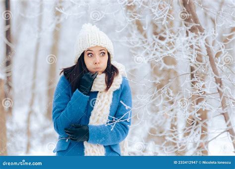 Woman Freezing Outdoors In Cold Winter Weather Stock Image Image Of