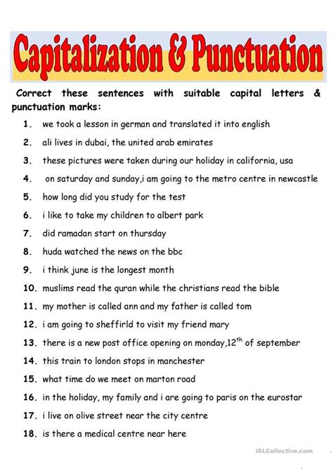 Great for homework, morning work. Capitalization & Punctuation worksheet - Free ESL ...