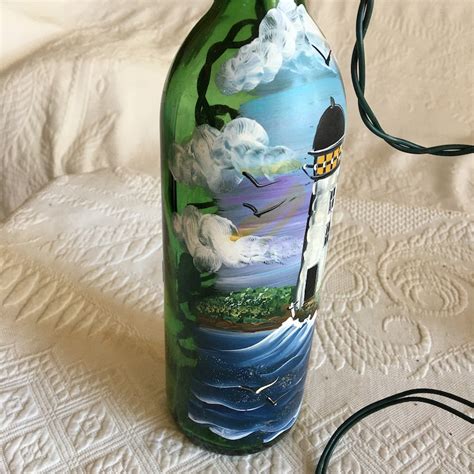 Lighthouse Hand Painted Wine Bottle With Lights Inside Green Etsy