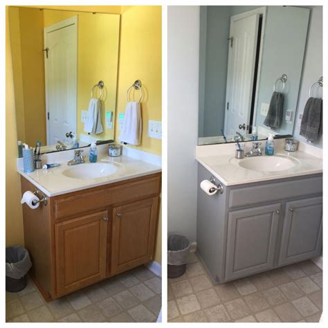 Painting your bathroom cabinets can be an easy home improvement. Before and after bathroom cabinet, Valspar Chalky paint in ...