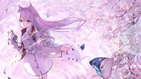 Download 1366x768 Cute Anime Girl Cherry Blossom Animal Ears Uniform