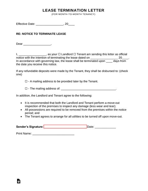 Free Lease Termination Letter Month To Month Tenancy 30 Day Notice