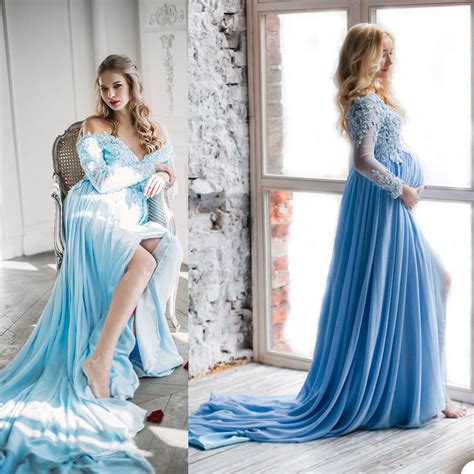 Light Sky Blue Maternity Dress For Photoshoot Long Sleeve Plus Size