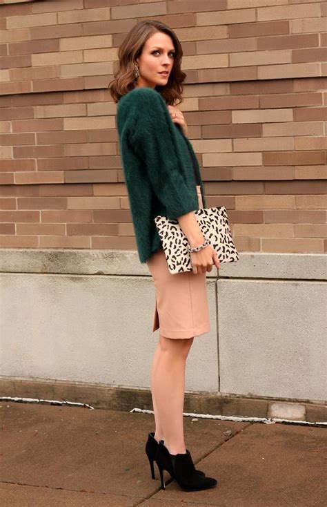Green Cashmere Jacket With Nude Skirt Emerald Sweater Outfit Blush