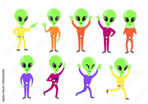 Vector Illustration Set Of Happy Green Aliens Characters In Different