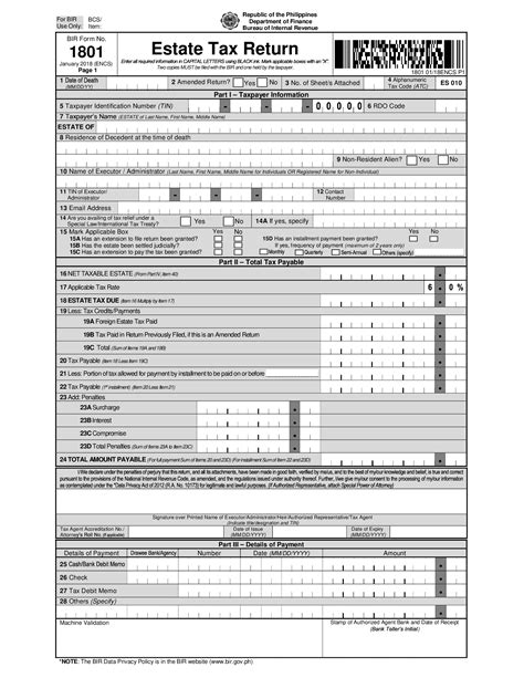 Bir Form 1801 Estate Tax Return Forms Docs 2023