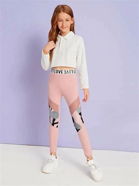 Girls Letter Tape Waist Mesh Insert Leggings In 2021 Outfits With