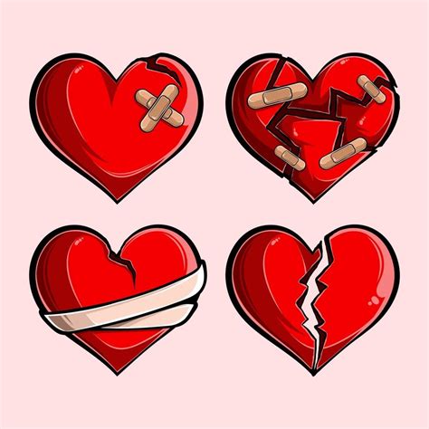 Romántico conjunto de corazones rojos rotos roto atascado destrozado recortado corazones rotos