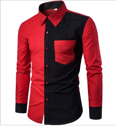 2017 Nueva Moda Rojo Y Negro Patchwork Mens Camisas De Vestir Camisa De