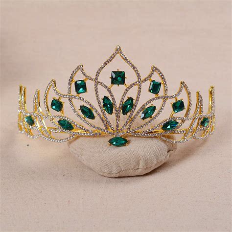 Bride Gold Green Rhinestone Crystal Tiara Crown Princess