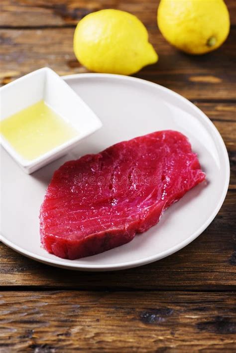 Raw Fresh Tuna Fish On The Wooden Table Stock Image Image Of Meal