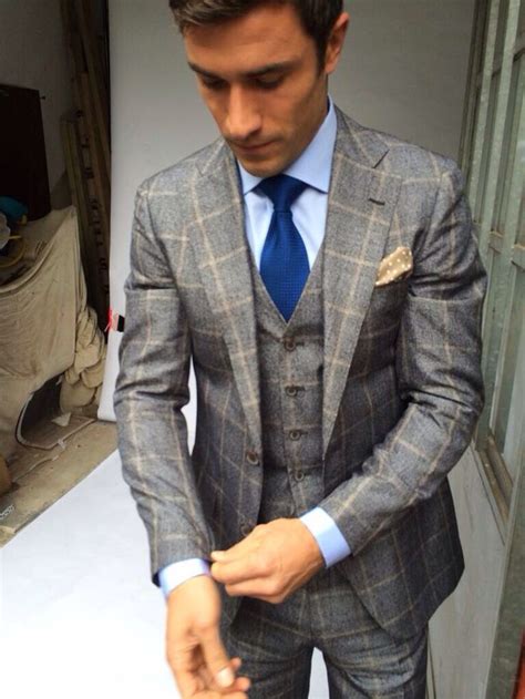 Grey Check Suit And Blue Tie And Shirt Grey Check Suit Check Suit Suits