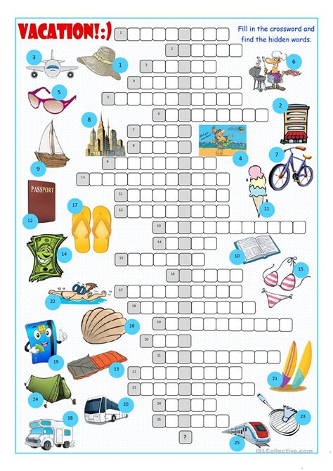 Figure out the missing word and add it to the crossword puzzle. Vacation Crossword Puzzle - English ESL Worksheets for ...