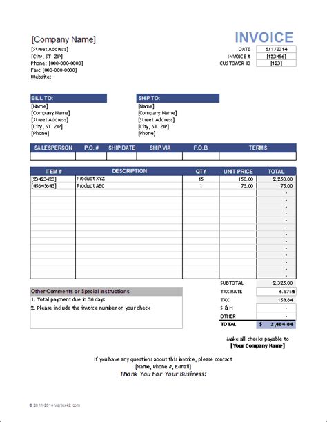 Sales Invoice Template For Excel