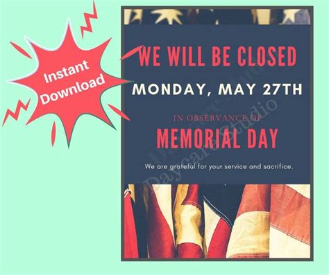 Memorial Day Closed Flyer Daycare Holiday Closing Sign