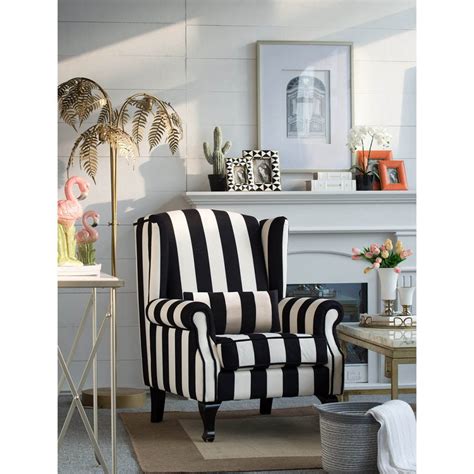 Legs are stained in a dark walnut finish for contrast. Black & White Striped Wing Chair | Katzberry Home Decor