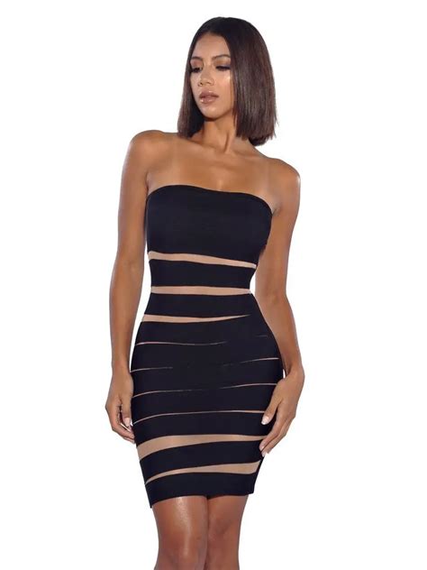 Hot Sale Black Color Ladies Hl Bandage Dress Strapless Sexy Bodycon Mini Dress Club Night Dress