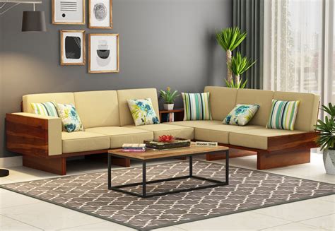Buy Audrey 6 Seater L Shape Corner Sofa Set Honey Finish Online In