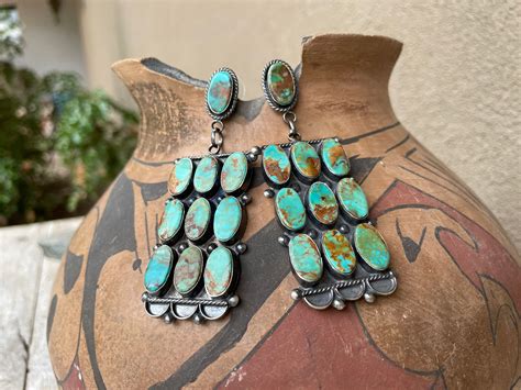 Long Turquoise Cluster Post Earrings By Navajo Jacqueline Silver