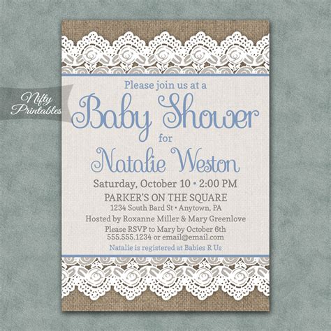 Rustic Burlap Lace Boy Baby Shower Invitations Blue Nifty Printables