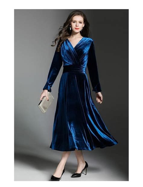 Blue Flare Sleeve A Line Velvet Formal Midi Dressmaterial Velvetlength Mid Calf Lengthpattern