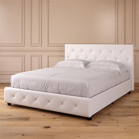 White Button Tufted Faux Leather Queen Platform Bed Frame And Headboard Bedroom Ebay